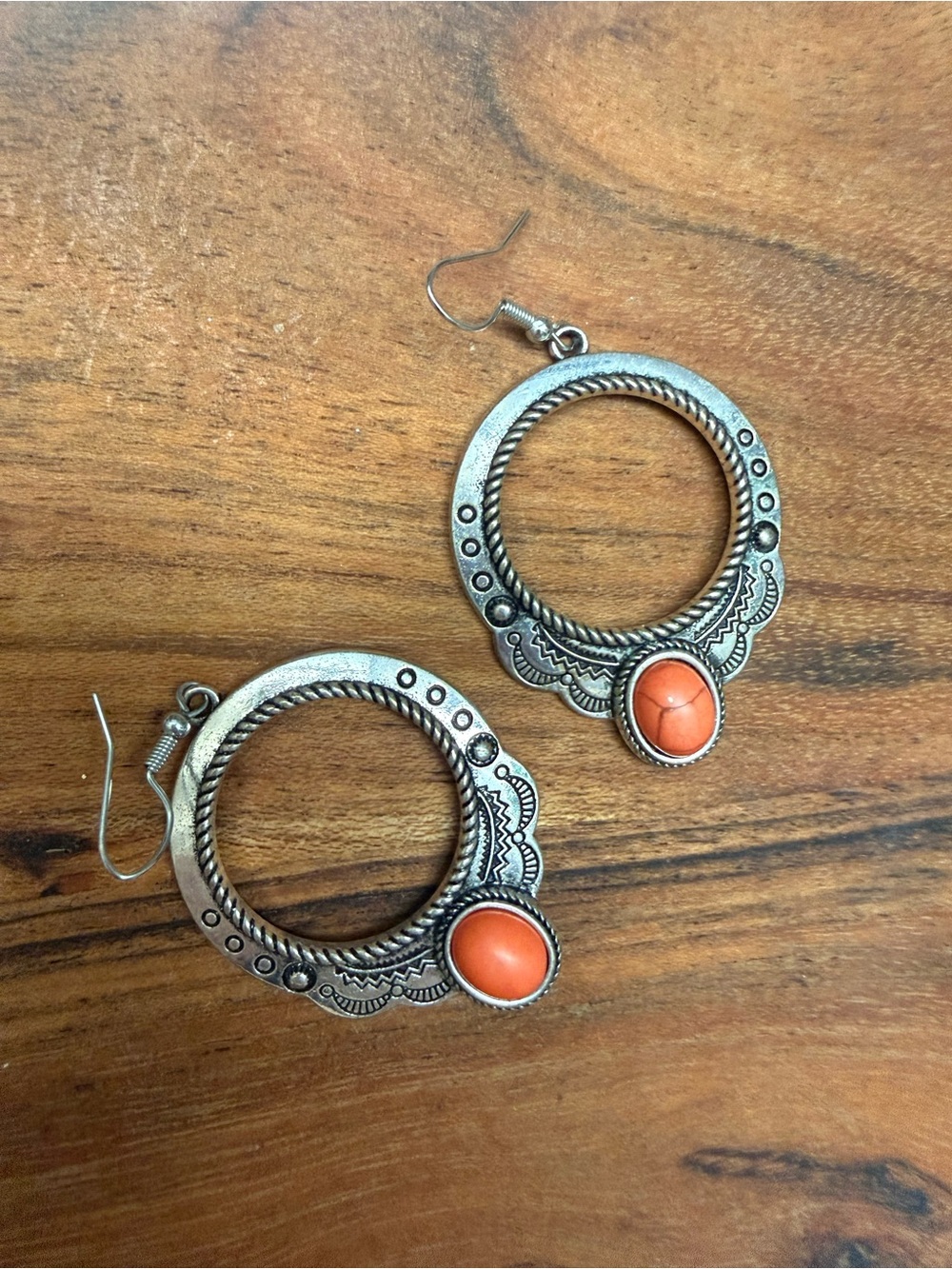 Silver-Tone Hoop Earrings with Orange Stone Accent